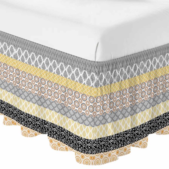 Queen Bed Skirt 16 Inch Drop, Boho Colorful Ethnic Art Stripe Easy Fit Wrap Around Ruffle Bedding, Geometric Abstract Floral Pattern Bed Skirts with Adjustable Elastic Belt