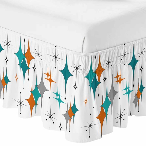 Queen Bed Skirt 16 Inch Drop, Boho Mid-Century Diamond Pattern Easy Fit Wrap Around Ruffle Bedding, Modern Geometric Theme Bed Skirts with Adjustable Elastic Belt