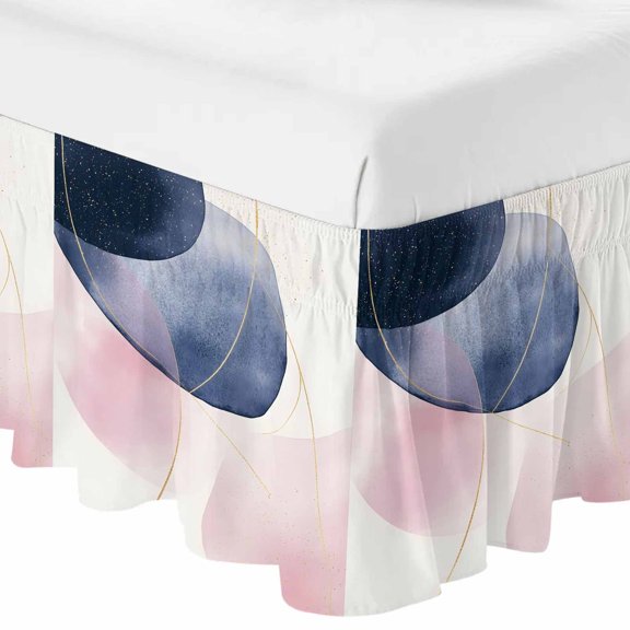 Queen Bed Skirt 16 Inch Drop, Boho Pink Color Block Easy Fit Wrap Around Ruffle Bedding, Abstract Geometric Nordic Style Bed Skirts with Adjustable Elastic Belt