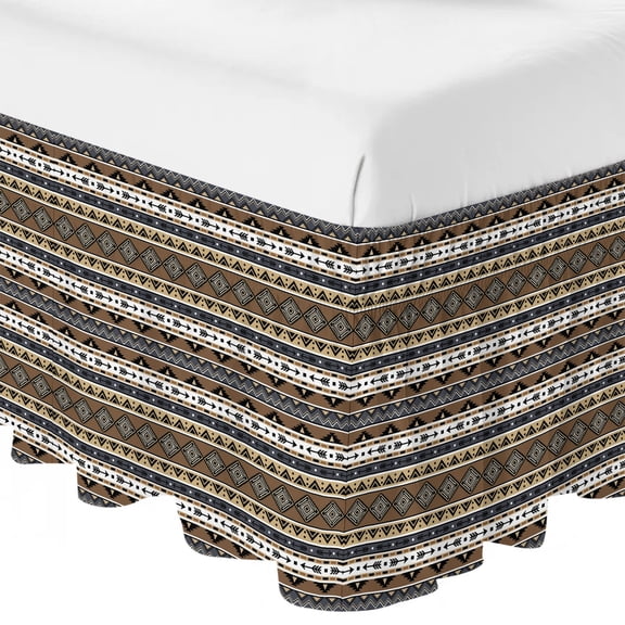 Queen Bed Skirt 16 Inch Drop, Boho Tribal Stripes Easy Fit Wrap Around Ruffle Bedding, Ethnic Borders Arrow Motifs Bed Skirts with Adjustable Elastic Belt