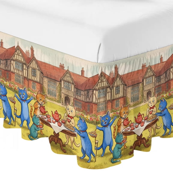 Queen Bed Skirt 16 Inch Drop, Cartoon Cats Tea Party Easy Fit Wrap Around Ruffle Bedding, Garden Manor House Bed Skirts with Adjustable Elastic Belt