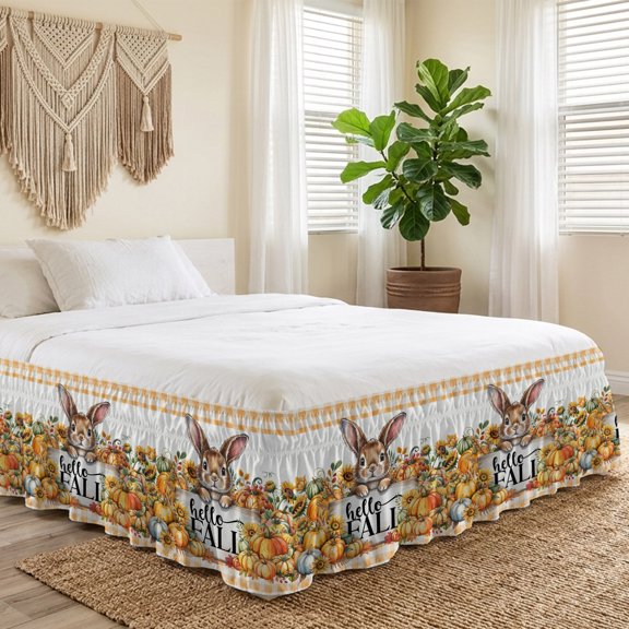 Queen Bed Skirt 16 Inch Drop, Cartoon Cute Rabbit Easy Fit Wrap Around Ruffle Bedding, Hello Fall Pumpkins Sunflowers Bed Skirts with Adjustable Elastic Belt