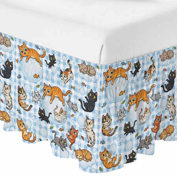 Queen Bed Skirt 16 Inch Drop, Cartoon Lovely Pets Fish Bubbles Easy Fit Wrap Around Ruffle Bedding, Light Blue Check Bed Skirts with Adjustable Elastic Belt