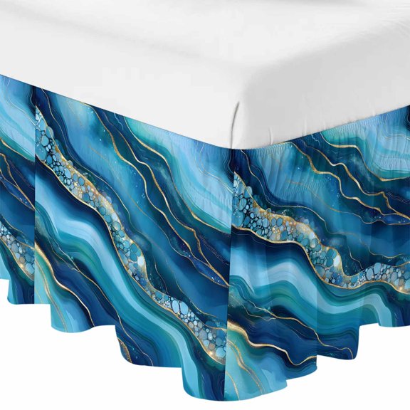 Queen Bed Skirt 16 Inch Drop, Cartoon Marble Texture Wave Bubble Easy Fit Wrap Around Ruffle Bedding, Abstract Gradient Art Bed Skirts with Adjustable Elastic Belt
