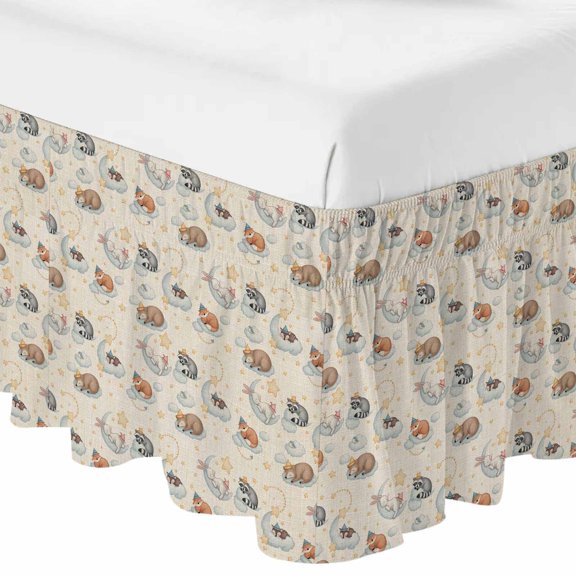 Queen Bed Skirt 16 Inch Drop, Cartoons Cute Rabbits Raccoons Foxes Easy Fit Wrap Around Ruffle Bedding, Vintage Animals Bed Skirts with Adjustable Elastic Belt