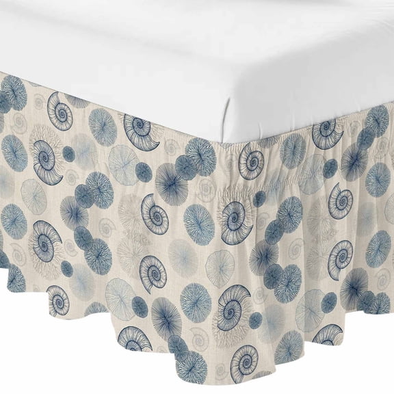 Queen Bed Skirt 16 Inch Drop, Coastal Blue Conch Shells Ocean Flora Easy Fit Wrap Around Ruffle Bedding, Vintage Linen Bed Skirts with Adjustable Elastic Belt