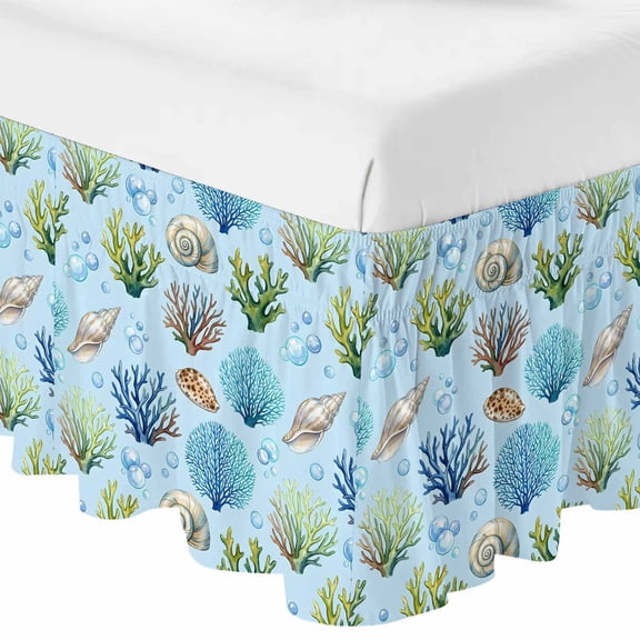 Queen Bed Skirt 16 Inch Drop, Coastal Shell Coral Bubble Easy Fit Wrap Around Ruffle Bedding, Nautical Ocean Blue Underwater Scene Bed Skirts with Adjustable Elastic Belt
