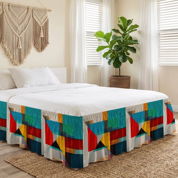 Queen Bed Skirt 16 Inch Drop, Color Block Overlay Colorful Easy Fit Wrap Around Ruffle Bedding, Modern Minimalist Abstract Art Color Bed Skirts with Adjustable Elastic Belt
