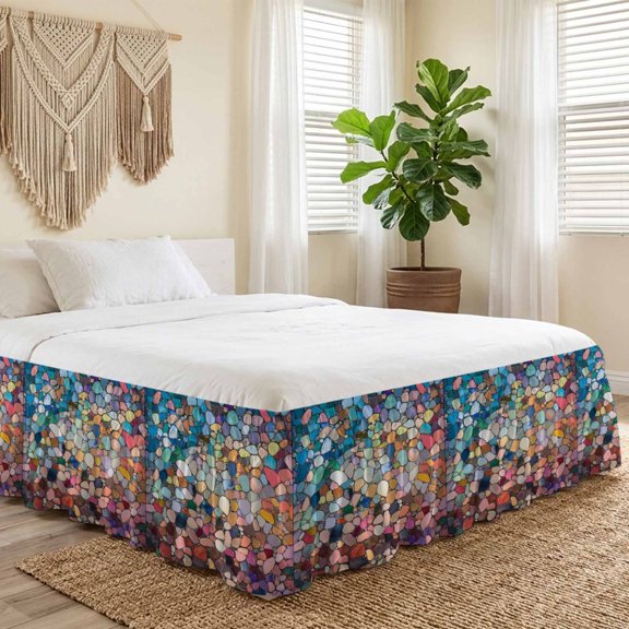 Queen Bed Skirt 16 Inch Drop, Colorful Abstract Pebble Stone Easy Fit Wrap Around Ruffle Bedding, Retro Tiles Mosaic Pattern Bed Skirts with Adjustable Elastic Belt