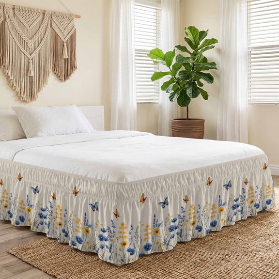 Queen Bed Skirt 16 Inch Drop, Colorful Lavender Daisy on Linen Easy Fit Wrap Around Ruffle Bedding, Summer Flower Butterfly Bed Skirts with Adjustable Elastic Belt