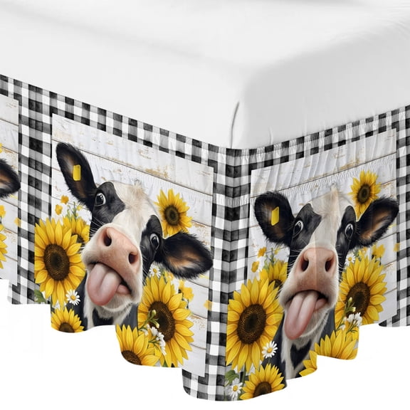 Queen Bed Skirt 16 Inch Drop, Country Abstract Cow Buffalo Check Easy Fit Wrap Around Ruffle Bedding, Farmhouse Flower Wood Board Bed Skirts with Adjustable Elastic Belt