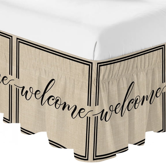 Queen Bed Skirt 16 Inch Drop, Country Abstract Welcome Words Easy Fit Wrap Around Ruffle Bedding, Vintage Beige Linen Texture Bed Skirts with Adjustable Elastic Belt
