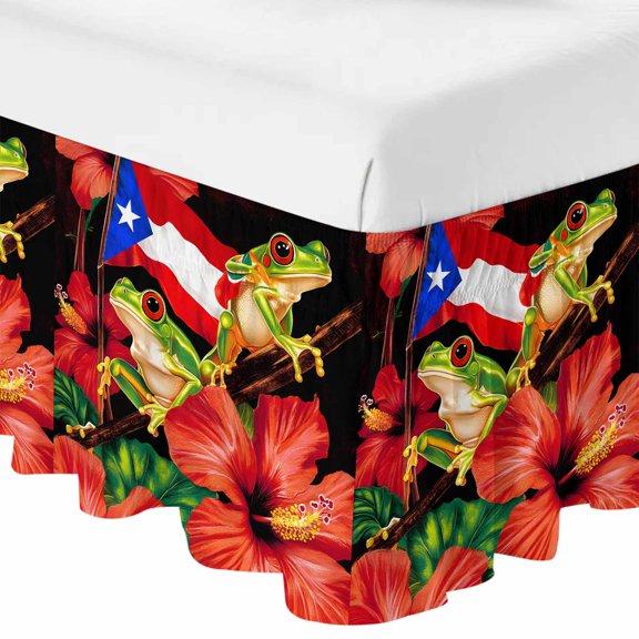 Queen Bed Skirt 16 Inch Drop, Country Red Flowers Frog Easy Fit Wrap Around Ruffle Bedding, Puerto Rico Flag Bed Skirts with Adjustable Elastic Belt