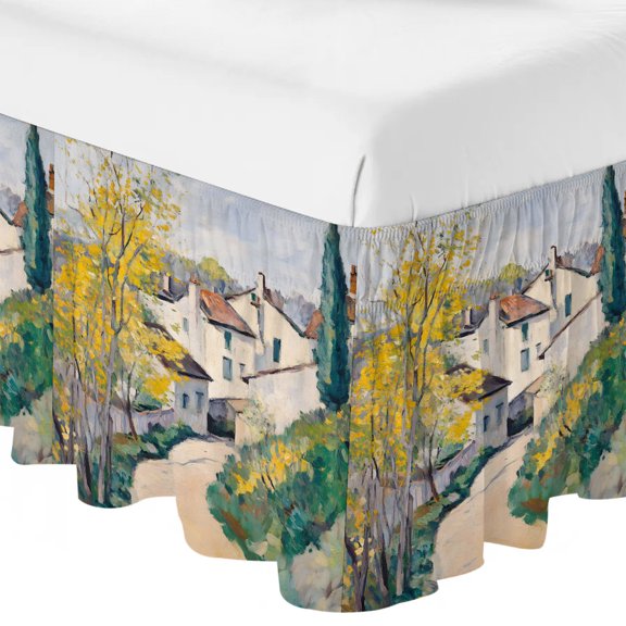 Queen Bed Skirt 16 Inch Drop, Country Road Mediterranean Villas Easy Fit Wrap Around Ruffle Bedding, Cypress Trees Bed Skirts with Adjustable Elastic Belt