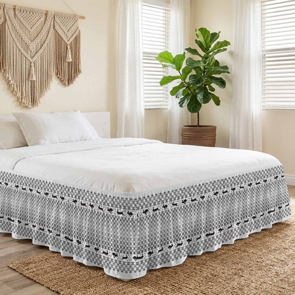 Queen Bed Skirt 16 Inch Drop, Cute Active Bunny Rabbit Silhouette Easy Fit Wrap Around Ruffle Bedding, Ethnic Geometric Grey Diamonds Bed Skirts with Adjustable Elastic Belt
