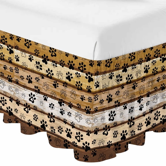 Queen Bed Skirt 16 Inch Drop, Cute Dog Paw Print Farm Wood Board Easy Fit Wrap Around Ruffle Bedding, Pet Footprint Shadow Bed Skirts with Adjustable Elastic Belt