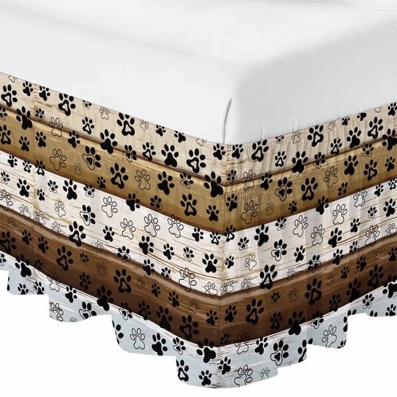 Queen Bed Skirt 16 Inch Drop, Cute Dog Paw Print Farm Wood Board Easy Fit Wrap Around Ruffle Bedding, Pet Footprints Shadow Bed Skirts with Adjustable Elastic Belt
