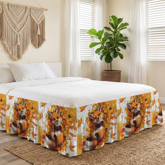 Queen Bed Skirt 16 Inch Drop, Cute Fox Lying in Orange Maple Leaves Easy Fit Wrap Around Ruffle Bedding, Autumn Botanical Animal Bed Skirts with Adjustable Elastic Belt