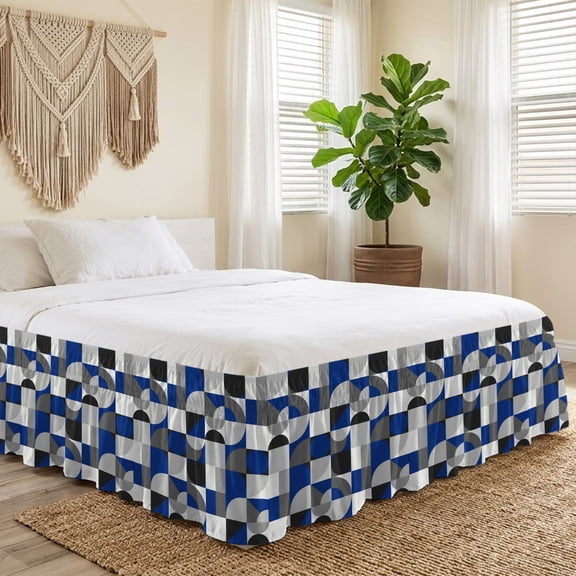 Queen Bed Skirt 16 Inch Drop, Dark Blue Color Block Mid Century Nordic Style Easy Fit Wrap Around Ruffle Bedding, Grey Abstract Geometric Bed Skirts with Adjustable Elastic Belt