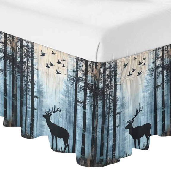 Queen Bed Skirt 16 Inch Drop, Elk Forest Jungle Animal Shadow Easy Fit Wrap Around Ruffle Bedding, Nature Landscapes Bed Skirts with Adjustable Elastic Belt