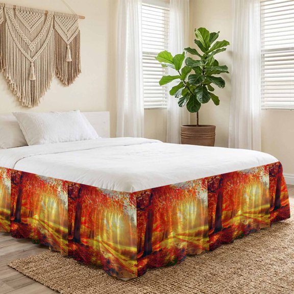 Queen Bed Skirt 16 Inch Drop, Fall Forest Sunset Fallen Leaf Easy Fit Wrap Around Ruffle Bedding, Autumn Scenery Bed Skirts with Adjustable Elastic Belt