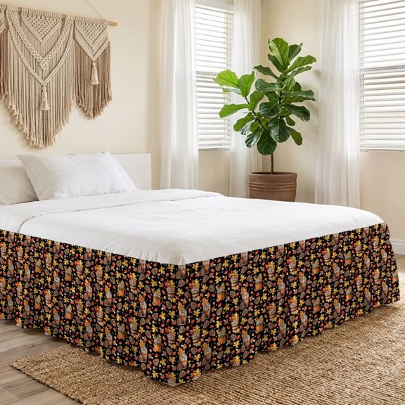 Queen Bed Skirt 16 Inch Drop, Fall Maple Leaf Thanksgiving Pinecone Easy Fit Wrap Around Ruffle Bedding, Farm Mushroom Coffee Bed Skirts with Adjustable Elastic Belt
