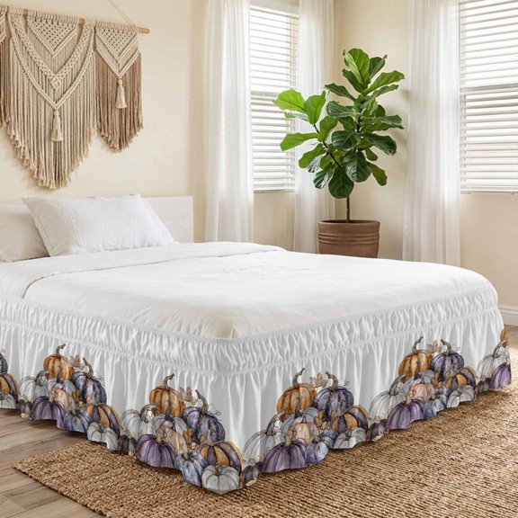 Queen Bed Skirt 16 Inch Drop, Fall Thanksgiving Watercolor Pumpkin Easy Fit Wrap Around Ruffle Bedding, Autumn Leaves Harvest on White Bed Skirts with Adjustable Elastic Belt