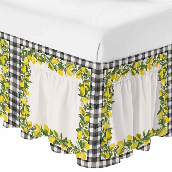 Queen Bed Skirt 16 Inch Drop, Farm Summer Lemon Easy Fit Wrap Around Ruffle Bedding, Black White Check Border Bed Skirts with Adjustable Elastic Belt