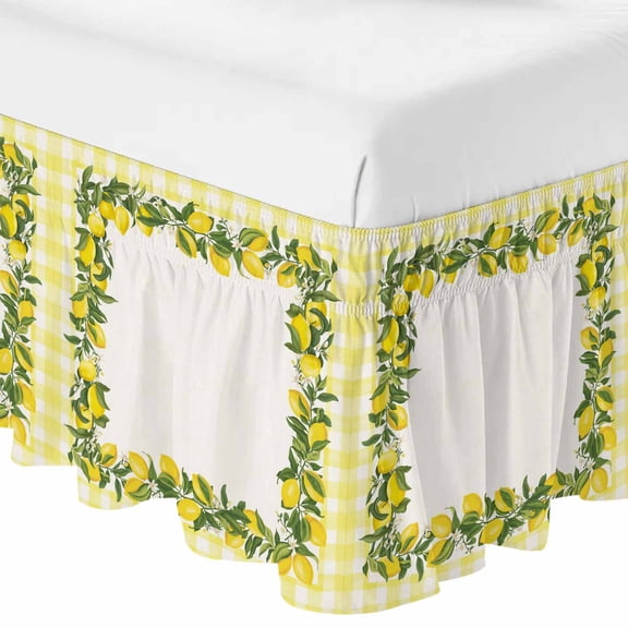 Queen Bed Skirt 16 Inch Drop, Farm Summer Lemon Easy Fit Wrap Around Ruffle Bedding, Yellow Check Border Bed Skirts with Adjustable Elastic Belt