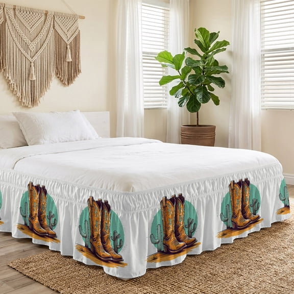 Queen Bed Skirt 16 Inch Drop, Farm West Cowboy Boots Cactus Easy Fit Wrap Around Ruffle Bedding, Cartoon Watercolor Art Bed Skirts with Adjustable Elastic Belt