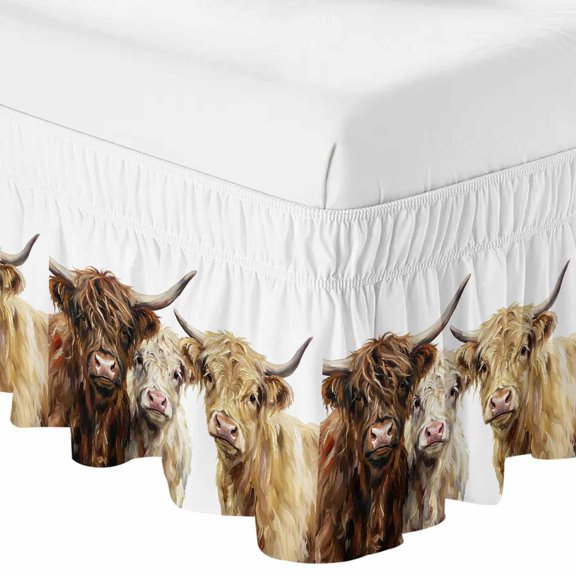 Queen Bed Skirt 16 Inch Drop, Farmhouse Highland Cows Easy Fit Wrap Around Ruffle Bedding, Watercolor Three Highland Cattle Bed Skirts with Adjustable Elastic Belt