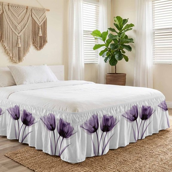 Queen Bed Skirt 16 Inch Drop, Farmhouse Purple Gradient Flower Easy Fit Wrap Around Ruffle Bedding, Spring Pastoral Tulip Bed Skirts with Adjustable Elastic Belt