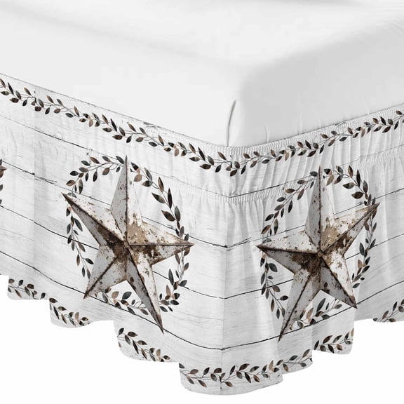Queen Bed Skirt 16 Inch Drop, Farmhouse Retro Shabby Country Star Easy Fit Wrap Around Ruffle Bedding, Rustic Leaf Wood Plank Bed Skirts with Adjustable Elastic Belt
