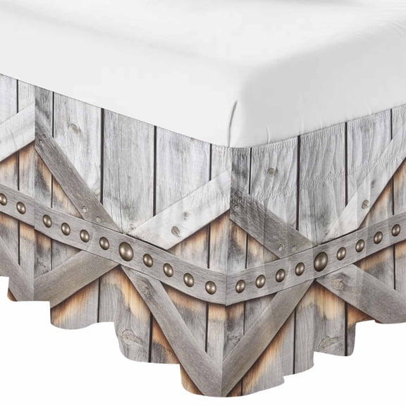 Queen Bed Skirt 16 Inch Drop, Farmhouse Rustic Dilapidated Wooden Door Easy Fit Wrap Around Ruffle Bedding, Barn Metal Rivets Bed Skirts with Adjustable Elastic Belt