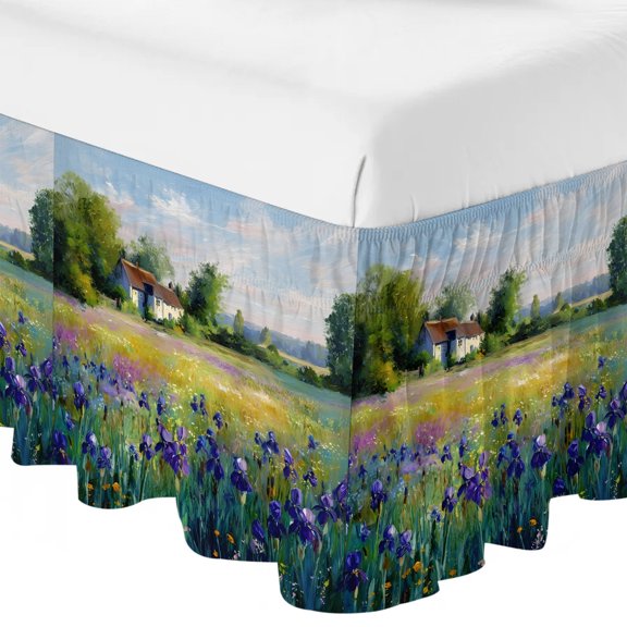 Queen Bed Skirt 16 Inch Drop, Farmhouse Spring Garden Forest Easy Fit Wrap Around Ruffle Bedding, Rustic House Pastoral Theme Bed Skirts with Adjustable Elastic Belt