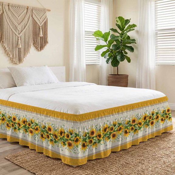 Queen Bed Skirt 16 Inch Drop, Farmhouse Sunflower Green Leaves Easy Fit Wrap Around Ruffle Bedding, Vintage Yellow Border Bed Skirts with Adjustable Elastic Belt