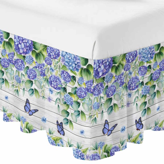 Queen Bed Skirt 16 Inch Drop, Flower Eucalyptus Leaf Wood Plank Easy Fit Wrap Around Ruffle Bedding, Rustic Pastoral Butterfly Bed Skirts with Adjustable Elastic Belt