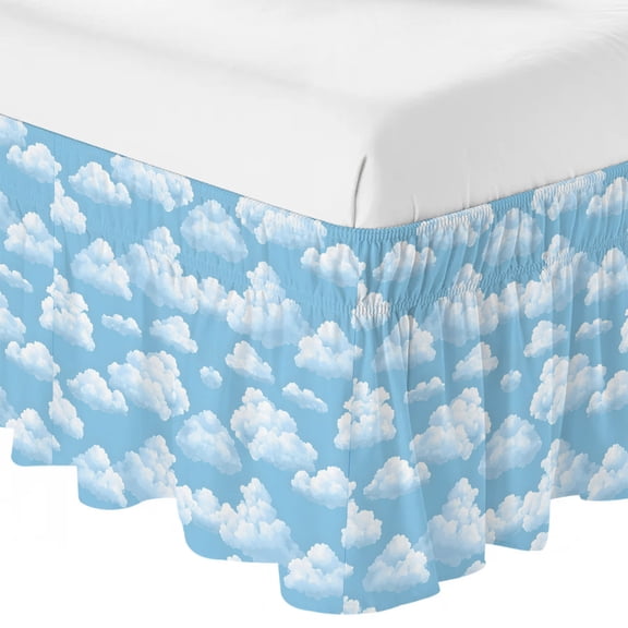 Queen Bed Skirt 16 Inch Drop, Fluffy White Clouds Easy Fit Wrap Around Ruffle Bedding, Symmetrical Blue Sky Pattern Bed Skirts with Adjustable Elastic Belt