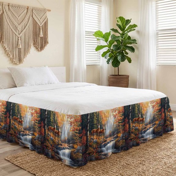 Queen Bed Skirt 16 Inch Drop, Forest Deer River Landscape Easy Fit Wrap Around Ruffle Bedding, Nature Waterfall Scenery Bed Skirts with Adjustable Elastic Belt