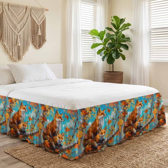 Queen Bed Skirt 16 Inch Drop, Fox Autumn Maple Wildlife Forest Easy Fit Wrap Around Ruffle Bedding, Blue Sky Orange Gradient Bed Skirts with Adjustable Elastic Belt