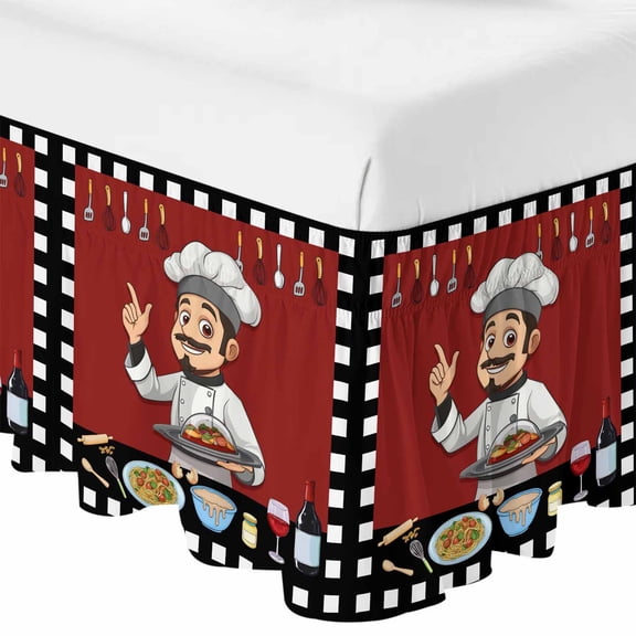 Queen Bed Skirt 16 Inch Drop, Fun Chef Kitchenware Food Burgundy Red Easy Fit Wrap Around Ruffle Bedding, Black White Checker Bed Skirts with Adjustable Elastic Belt