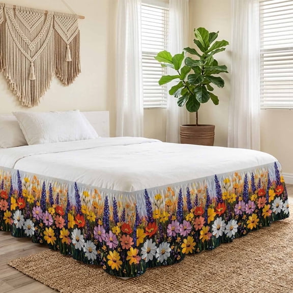 Queen Bed Skirt 16 Inch Drop, Garden Flower Oil Painting Art Easy Fit Wrap Around Ruffle Bedding, Blossom Daisy Lavender Floral Bed Skirts with Adjustable Elastic Belt