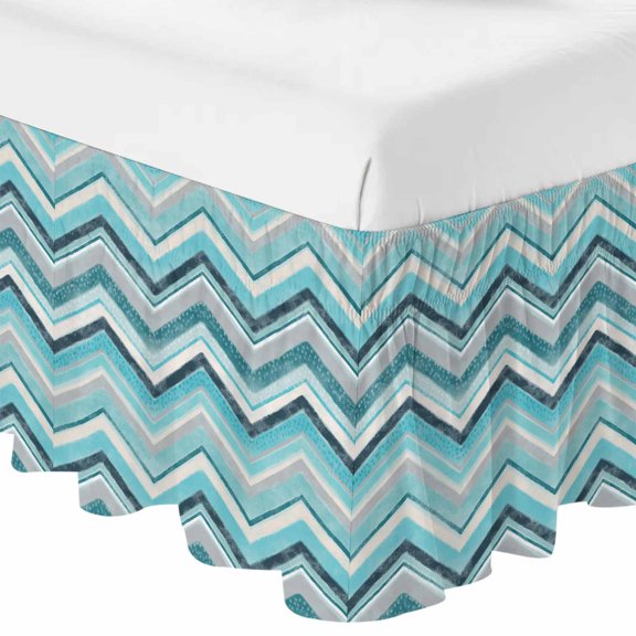 Queen Bed Skirt 16 Inch Drop, Geometric Zig Zag Art Stripes Easy Fit Wrap Around Ruffle Bedding, Multicolor Chevron Bed Skirts with Adjustable Elastic Belt