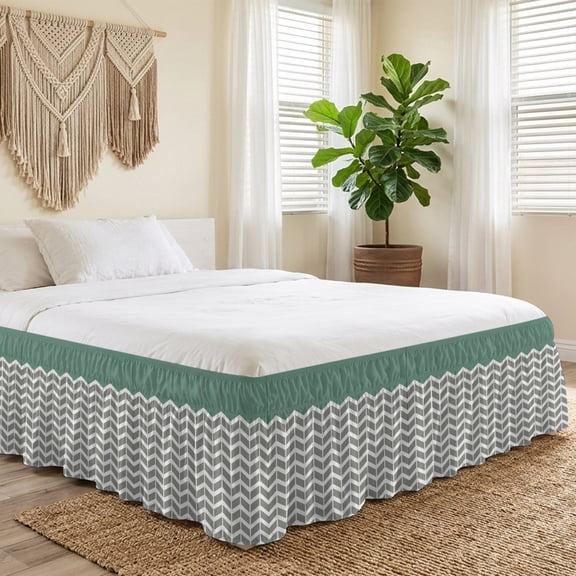 Queen Bed Skirt 16 Inch Drop, Geometric Zig Zag Striped Easy Fit Wrap Around Ruffle Bedding, Herringbone Chevron Stripes Bed Skirts with Adjustable Elastic Belt