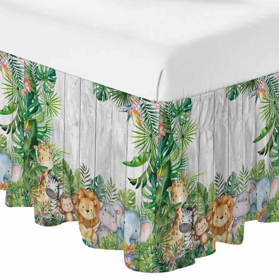 Queen Bed Skirt 16 Inch Drop, Giraffe Zebra Monkey Lion Easy Fit Wrap Around Ruffle Bedding, Animal Theme Tropical Plant Bed Skirts with Adjustable Elastic Belt