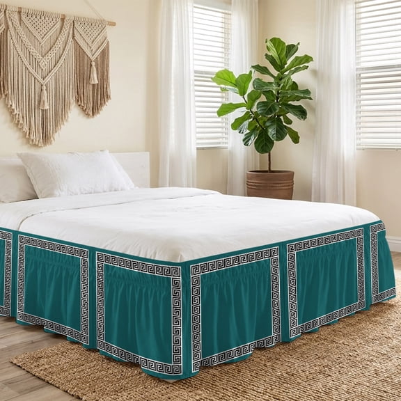 Queen Bed Skirt 16 Inch Drop, Greek Abstract Inspired Key Pattern Easy Fit Wrap Around Ruffle Bedding, Twist Line on Teal Bed Skirts with Adjustable Elastic Belt