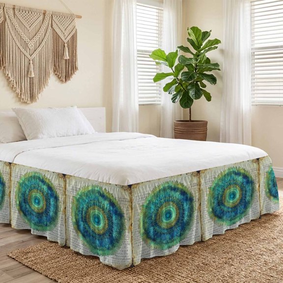 Queen Bed Skirt 16 Inch Drop, Green Seagrass Circle Easy Fit Wrap Around Ruffle Bedding, Retro Paper Background Bed Skirts with Adjustable Elastic Belt