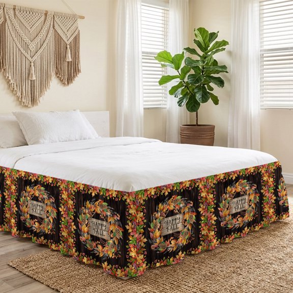 Queen Bed Skirt 16 Inch Drop, HAPPY FALL Pine Cone Easy Fit Wrap Around Ruffle Bedding, Autumn Maple Leaf Berry Bed Skirts with Adjustable Elastic Belt