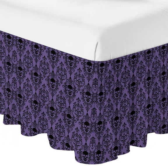 Queen Bed Skirt 16 Inch Drop, Halloween Skull Damask Flower Easy Fit Wrap Around Ruffle Bedding, Scary Skeleton Purple Bed Skirts with Adjustable Elastic Belt