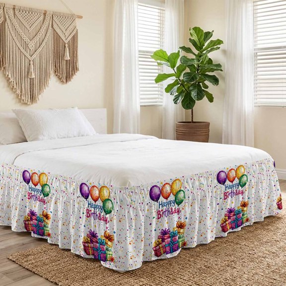 Queen Bed Skirt 16 Inch Drop, Happy Birthday Celebration Party Easy Fit Wrap Around Ruffle Bedding, Colorful Present Balloon Bed Skirts with Adjustable Elastic Belt